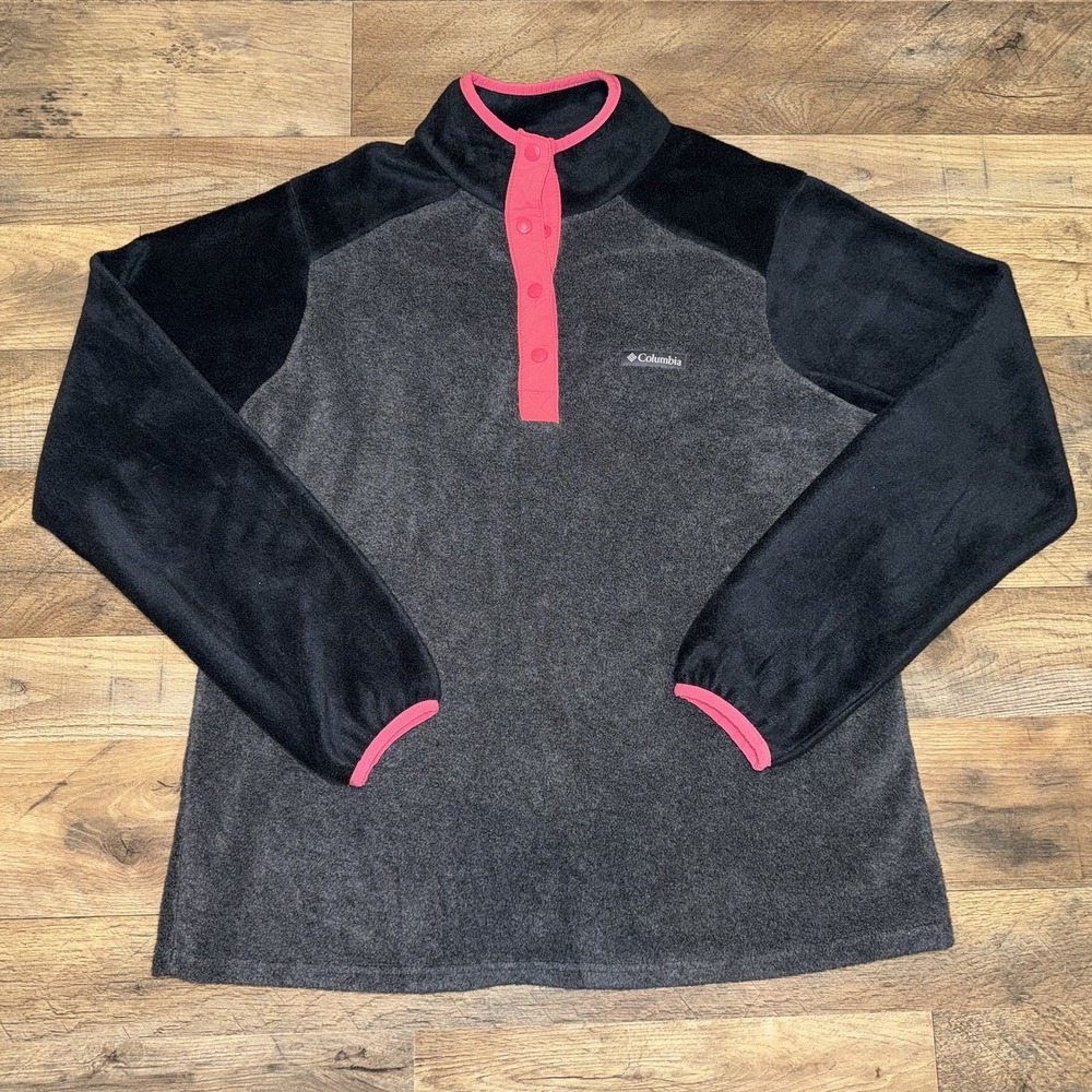 Columbia Sweater Womens Large Gray Black Pink Button Mock Neck Polyester Fleece